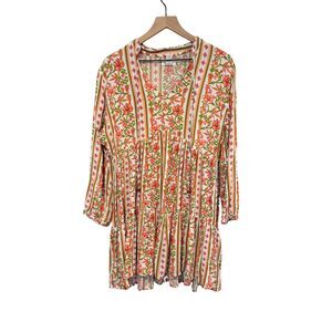 Japna Anthropologie Boho Pink and Green Floral Long Sleeve Tiered Dress Size M